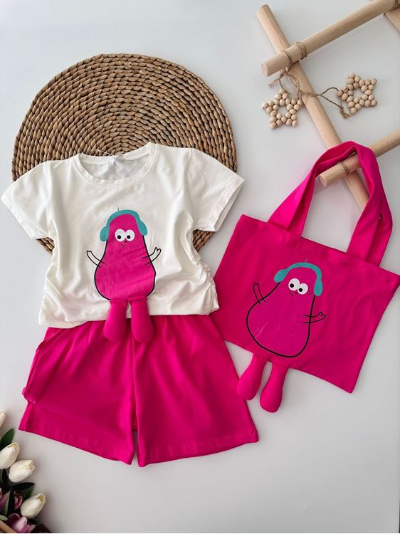 Miniğimin Cicileri Çantalı Büzgülü 3 lü Kız Çocuk Takım - Fuşya