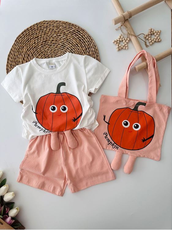 Miniğimin Cicileri Bal Kabağı Desenli Büzgülü 3 lü Kız Çocuk Takım - Somon