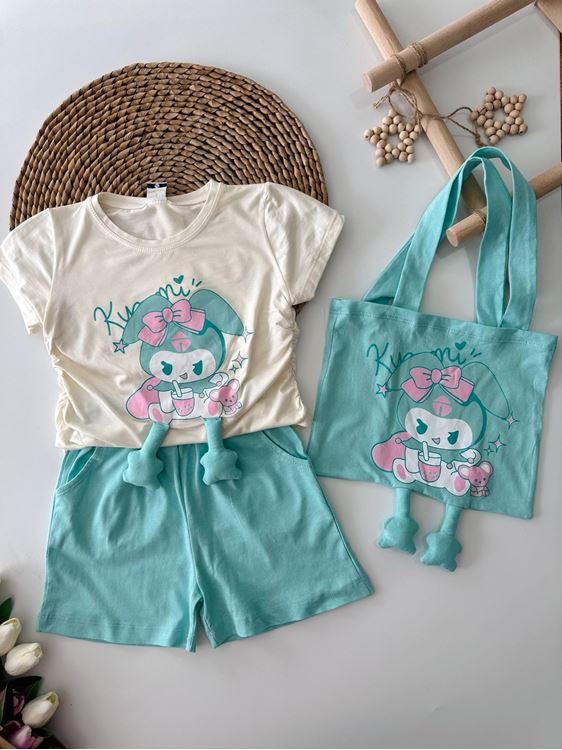 Miniğimin Cicileri Çantalı Büzgülü 3 lü Kız Çocuk Takım - Turkuaz