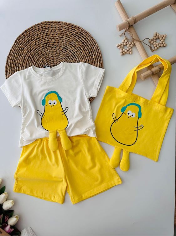 Miniğimin Cicileri Çantalı Büzgülü 3 lü Kız Çocuk Takım - Sarı