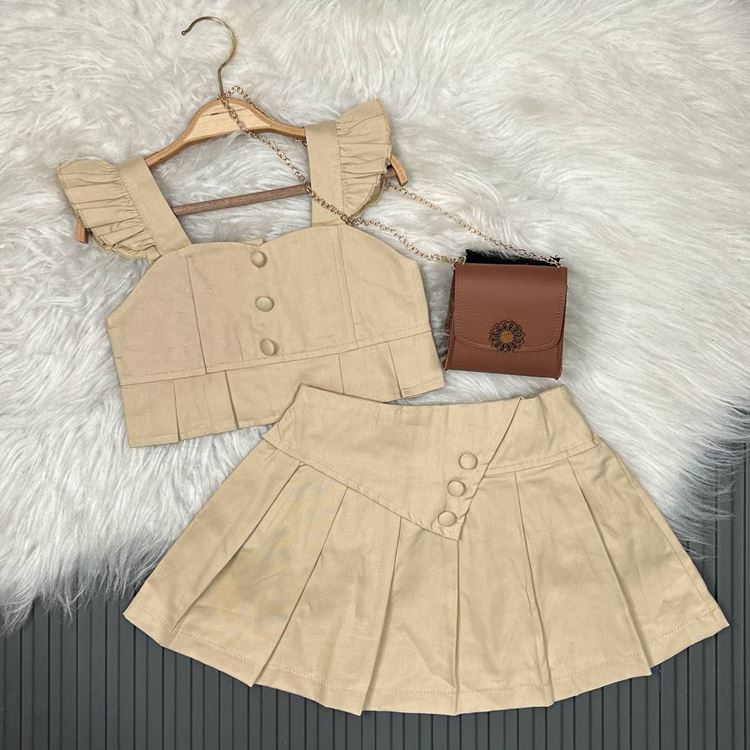 Miniğimin Cicileri Pileli Etekli Renkli Çantalı Takım - Bej