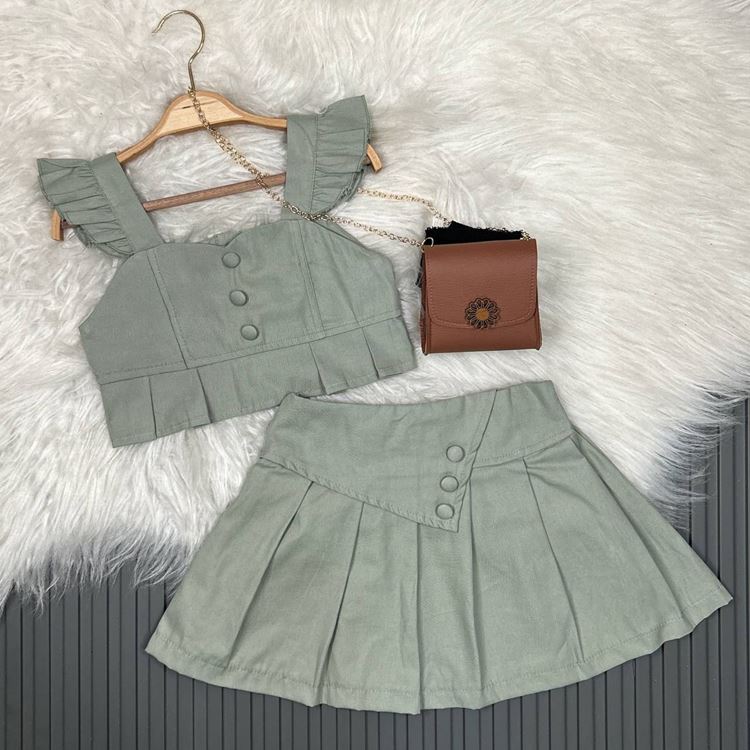 Miniğimin Cicileri Pileli Etekli Renkli Çantalı Takım - Yeşil