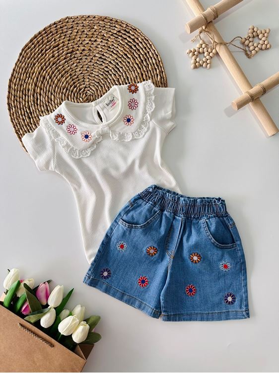 Miniğimin Cicileri Çiçek Nakış Detaylı Kız Çocuk Şortlu Takım - Beyaz-Mavi