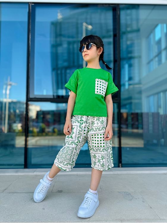 Miniğimin Cicileri Etnik Desen Cepli Keten Pamuklu Kız Çocuk 2 li Takım - Yeşil