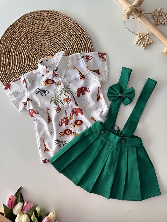 Miniğimin Cicileri Safari Desen Gömlek ve Gabardin Etek Takım - Yeşil