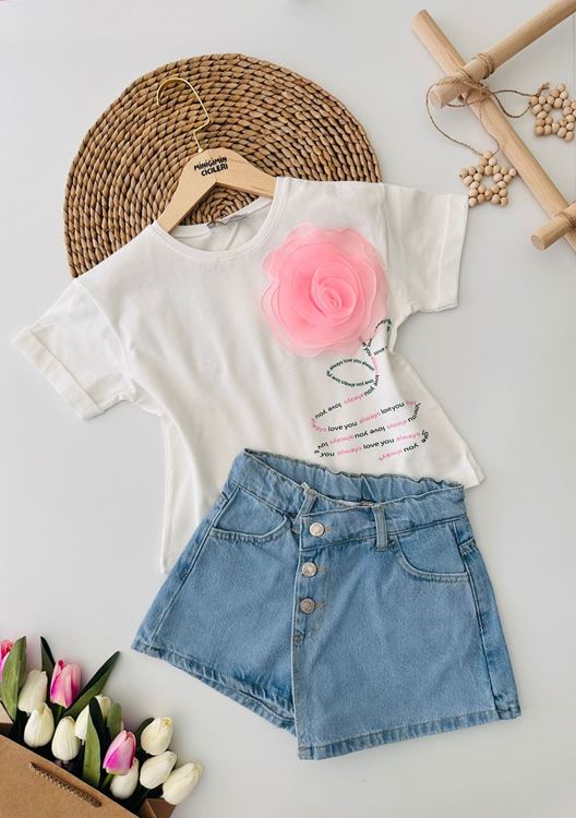 Miniğimin Cicileri Kız Çocuk Gül Desenli Tşört ve Kot Şortetek Takım - Beyaz-Mavi