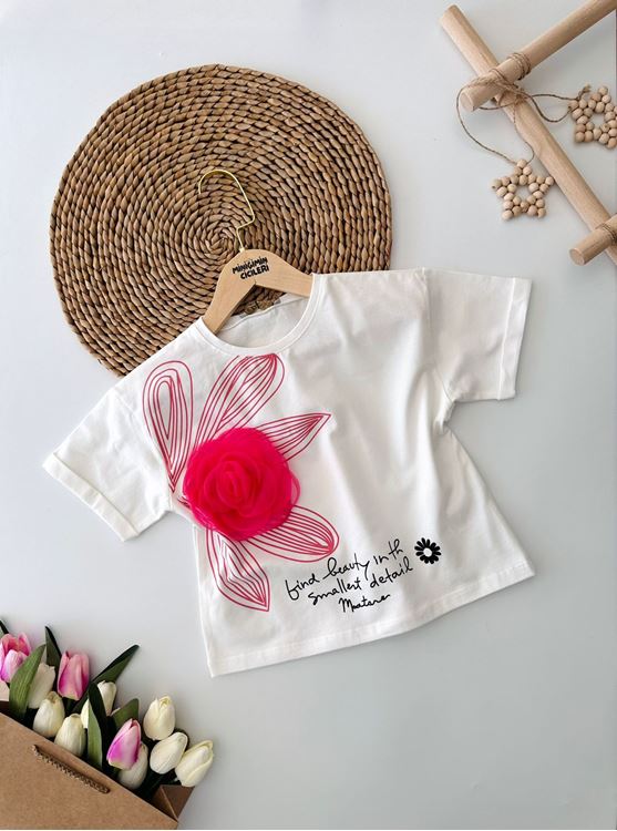 Miniğimin Cicileri Tül Gül Desenli 3D Pamuklu Kız Çocuk Tşört - Beyaz