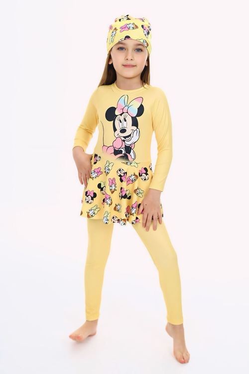Miniğimin Cicileri Hassas Tenler İçin Taytlı Mnn Baskı Kız Mayo Takımı-  Sarı