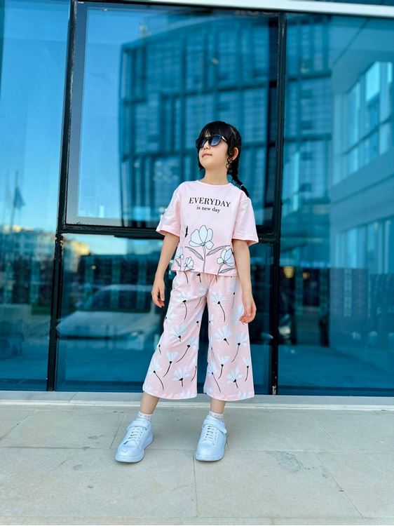 Miniğimin Cicileri Everyday Çiçek Baskışı Geniş Paça kız Çocuk Takım - Pembe