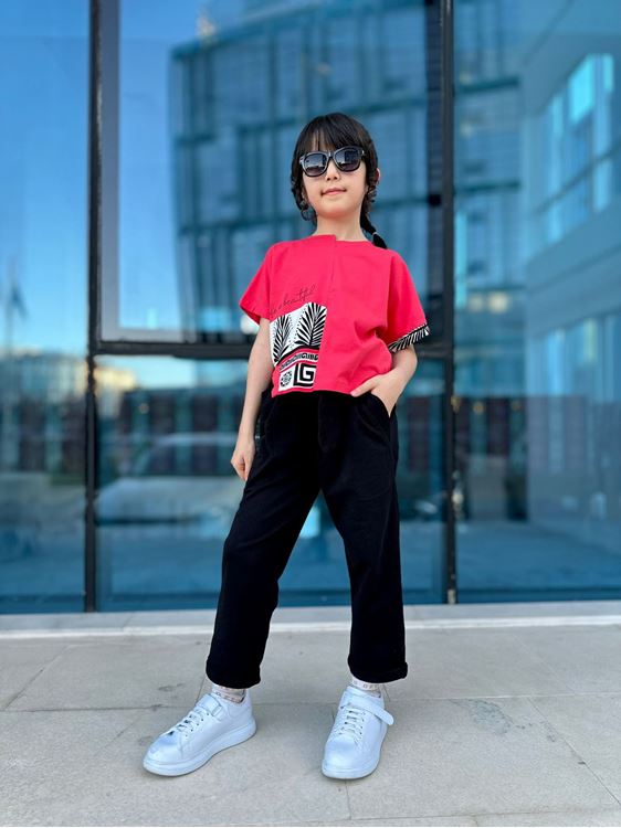 Miniğimin Cicileri Modern Palm Desenli Kırmızı Tişört ve Siyah Pantolon Çocuk Takımı - Kırmızı-Siyah