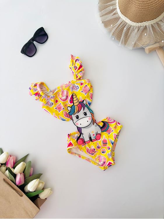 Miniğimin Cicileri Kanatlı Uncrn Nakış Desenli Kız Çocuk Fırfır Askılı Mayo - Sarı