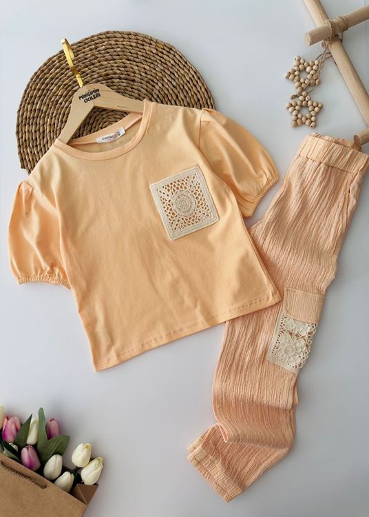 Miniğimin Cicileri Cep Örgü Dantel Detaylı Garson Boy Kız Takım - Somon