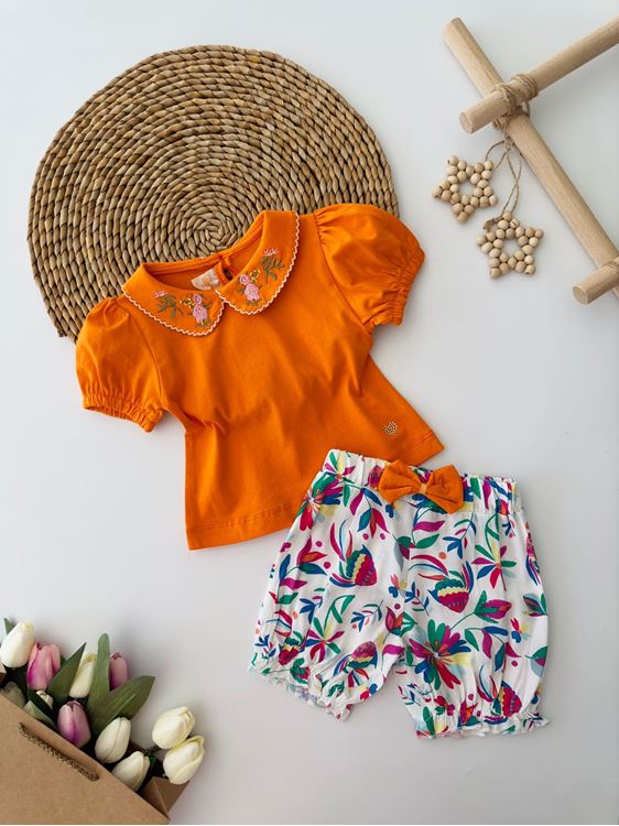 Miniğimin Cicileri Baby Kız Yaka Çiçek Nakış Desenli Badi  ve Viskon Şort Takım - Turuncu