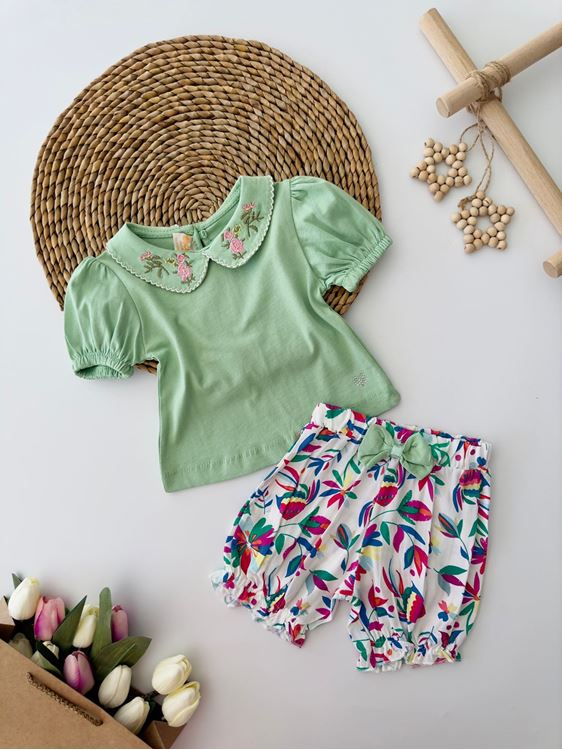 Miniğimin Cicileri Baby Kız Yaka Çiçek Nakış Desenli Badi  ve Viskon Şort Takım - Yeşil