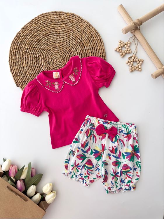 Miniğimin Cicileri Baby Kız Yaka Çiçek Nakış Desenli Badi  ve Viskon Şort Takım - Fuşya