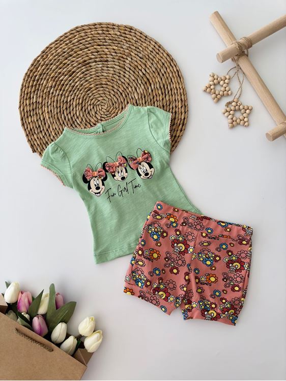 Miniğimin Cicileri Baby Kız Mnn Fiyonklu Detaylı Badi ve Çiçekli Şort Takım - Yeşil