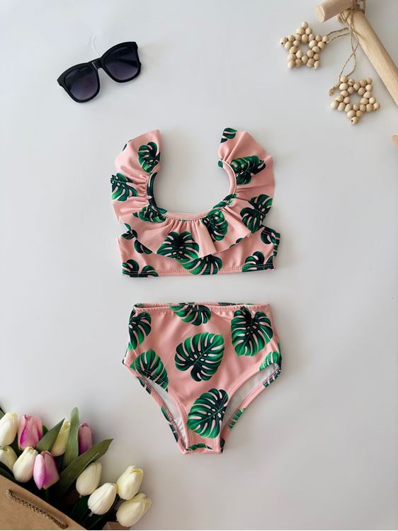 Miniğimin Cicileri Yaprak desen Volanlı Kız Çocuk Mayo - Pembe