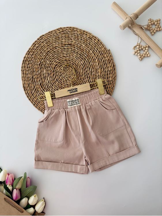 Miniğimin Cicileri Renkli Gabardin Cepli Kız Kot Şort - Bej