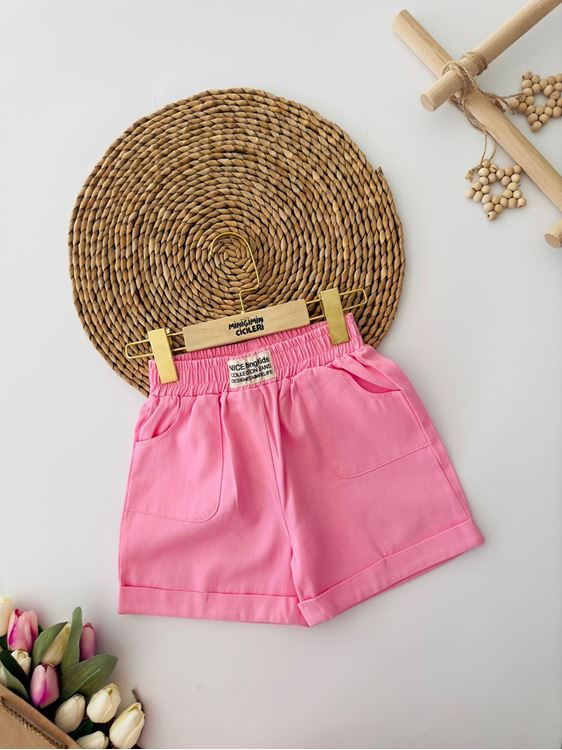Miniğimin Cicileri Renkli Gabardin Cepli Kız Kot Şort - Pembe