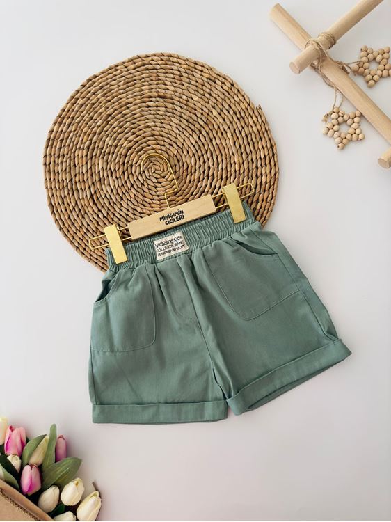 Miniğimin Cicileri Renkli Gabardin Cepli Kız Kot Şort - Yeşil