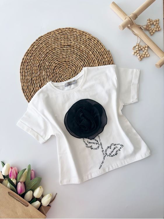 Miniğimin Cicileri Özel Tasarım Gül Desen Kız Çocuk Tşört - Beyaz