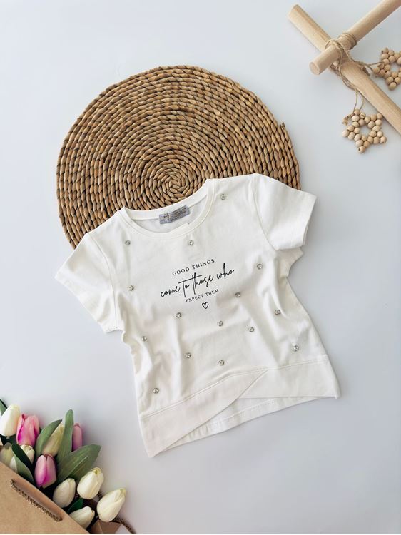 Miniğimin Cicileri Özel Tasarım Taşlı Kız Çocuk Tşört - Krem