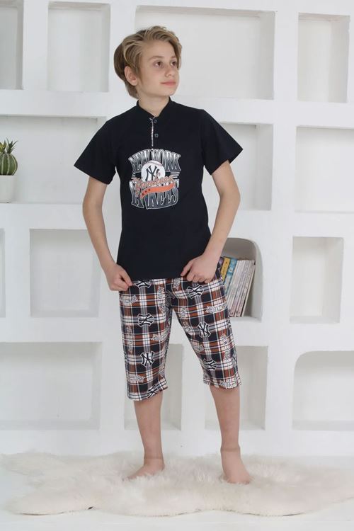 Minigimin Cicileri Erkek Çocuk Kapri Düğmeli Ekose Pijama Takım - Lacivert