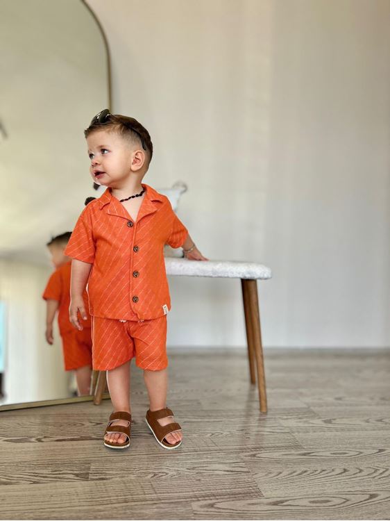 Miniğimin Cicileri Müslin Baklava Desen Düğmeli Şortlu Erkek 2 li Takım - Oranj