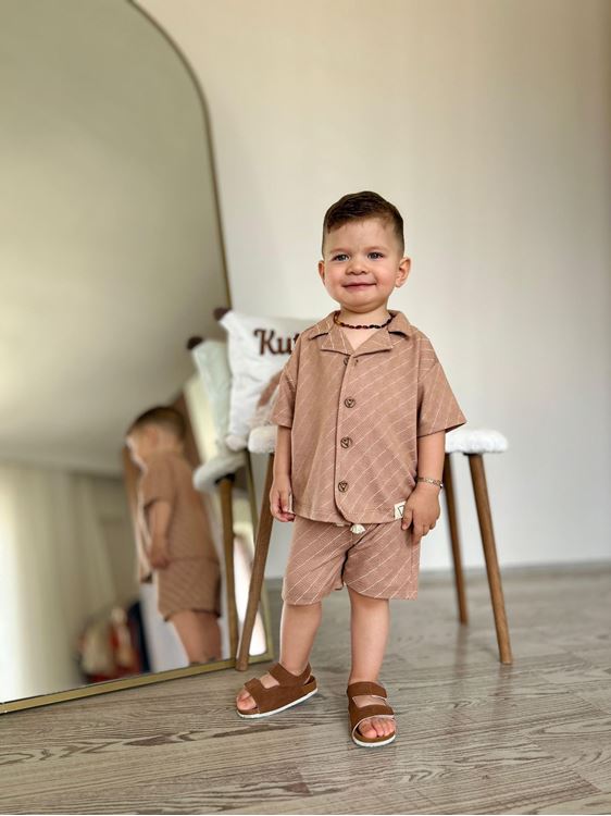 Miniğimin Cicileri Müslin Baklava Desen Düğmeli Şortlu Erkek 2 li Takım - Kahverengi