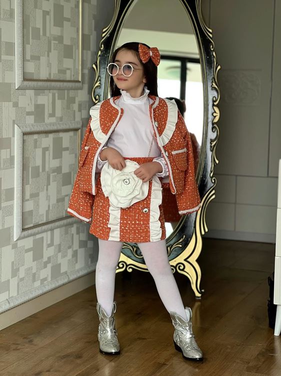 Miniğimin Cicileri Tüvit 5 parça Ceketli Çantalı Kız Çocuk Takım - Turuncu