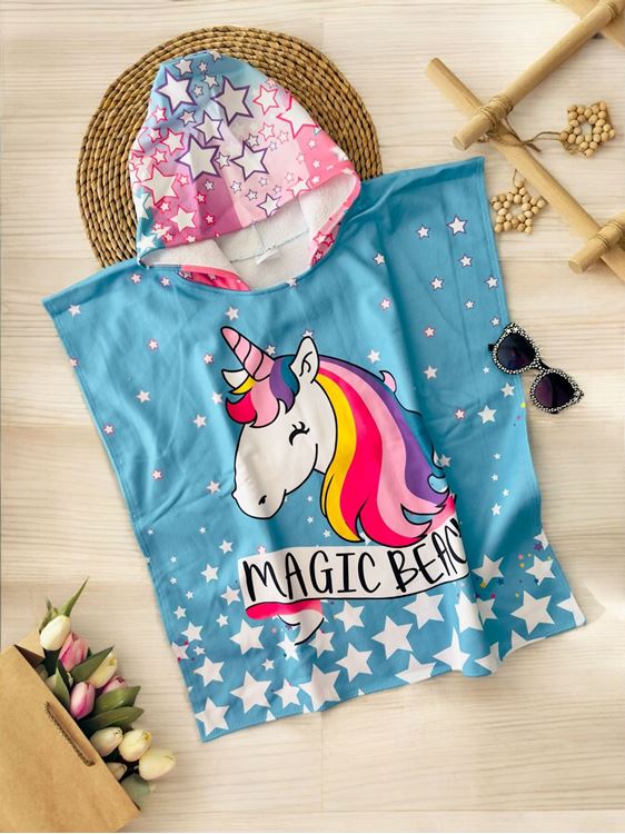 Miniğimin Cicileri Magic Beac Uncrn Desenli Kız Çocuk Panço Havlu - Açık Mavi
