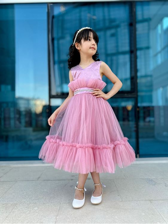 Miniğimin Cicileri Taşlı Fırfır Detaylı Tül Kız Çocuk Elbise - Pembe