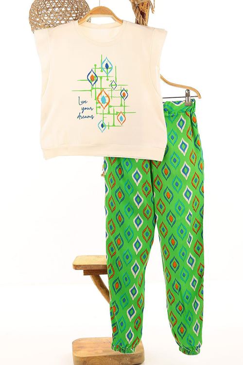 Miniğimin Cicileri Love Your Dreams Baklava Desen Kız Çocuk Viscon Takım - Yeşil