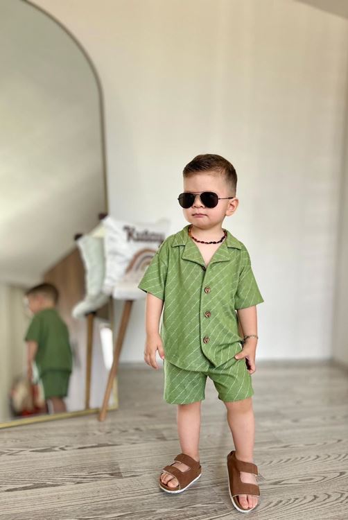 Miniğimin Cicileri Müslin Baklava Desen Düğmeli Şortlu Erkek 2 li Takım - Haki