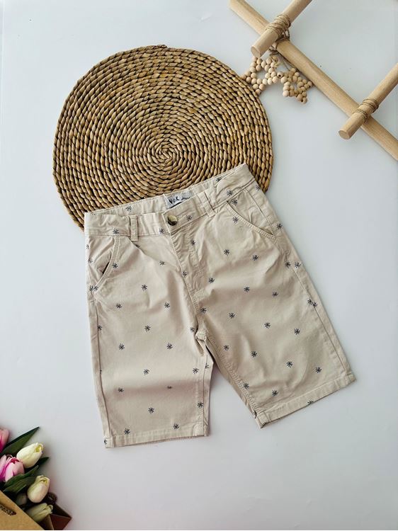 Miniğimin Cicileri Palmiye Desenli Erkek Çocuk Keten Kapri - Bej