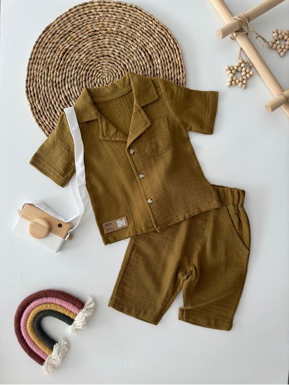 Miniğimin Cicileri Müslin Ceket Yaka Pamuklu Şortlu Erkek Çocuk Takım - Kahverengi
