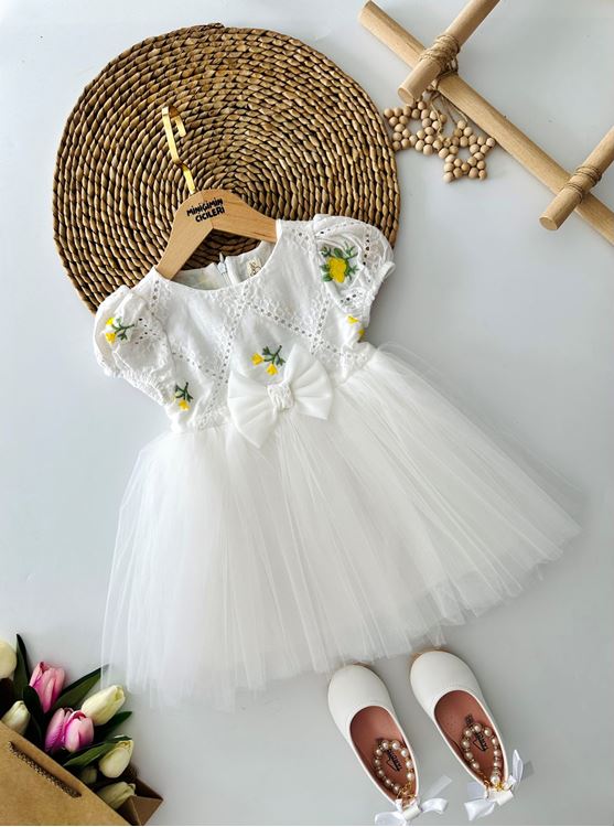 Miniğimin Cicileri Çiçek Nakış Brode Tüllü Fiyonklu Kız Çocuk Elbise - Sarı