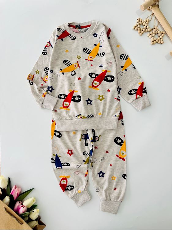 Miniğimin Cicileri Uçak Desenli Erkek Çocuk Pijama Takımı - Gri