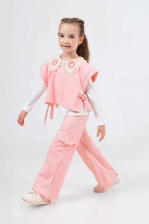Miniğimin Cicileri Yaka Dantel detaylı Bağlamalı 3 lü Cepli Kız Çocuk Takım - Somon