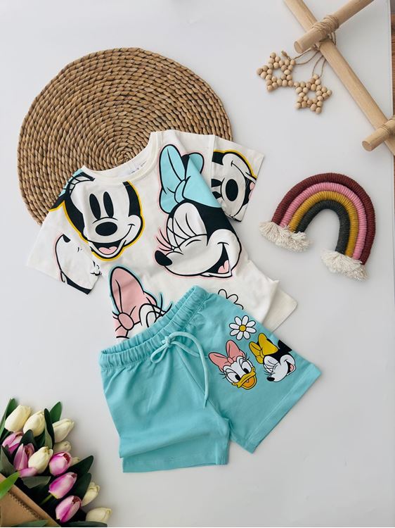 Miniğimin Cicileri Mnn Mcky Papatya Baskılı Şortlu Kız Çocuk Takım - Turkuaz