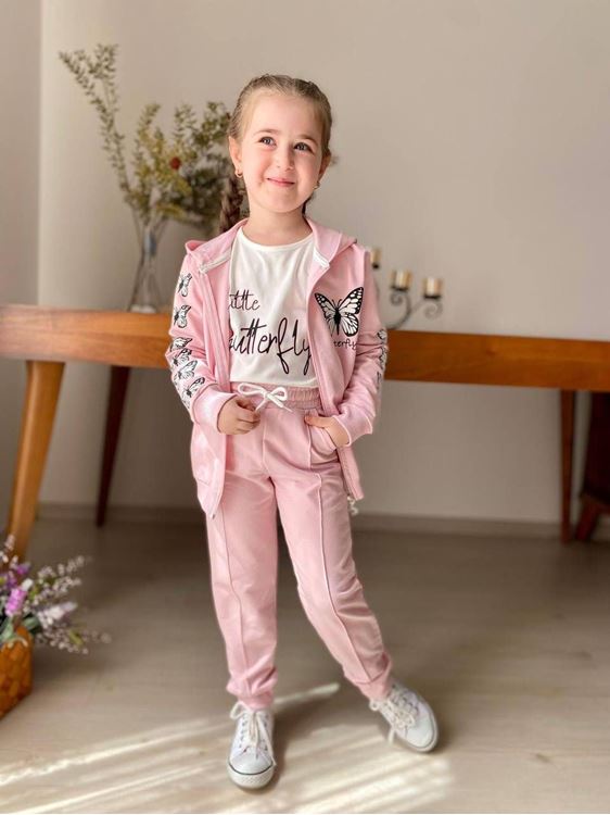 Miniğimin Cicileri Kelebek Baskılı Çimalı Kapüşonlu 3'lü Kız Takım - Pembe