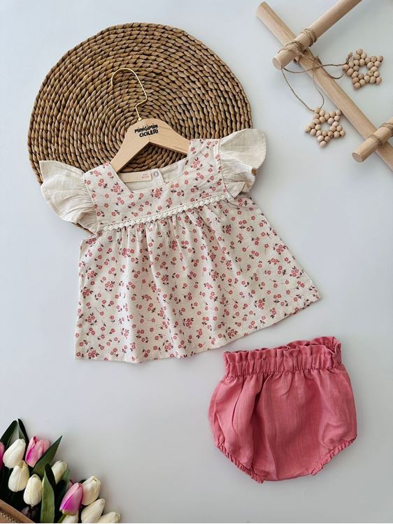 Miniğimin Cicileri Çiçek Desenli Fistolu Kız Bebek Takım - Gül Kurusu