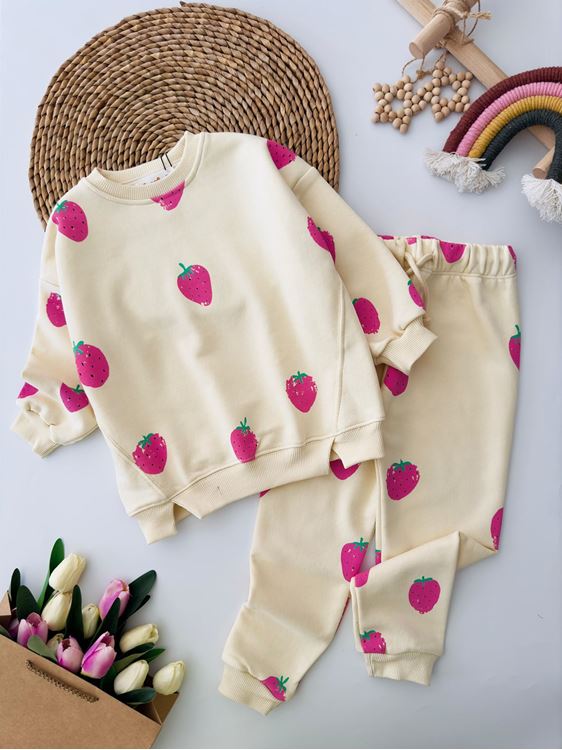Miniğimin Cicileri Çilek Baskı Kız Çocuk Eşofman Takımı - Krem
