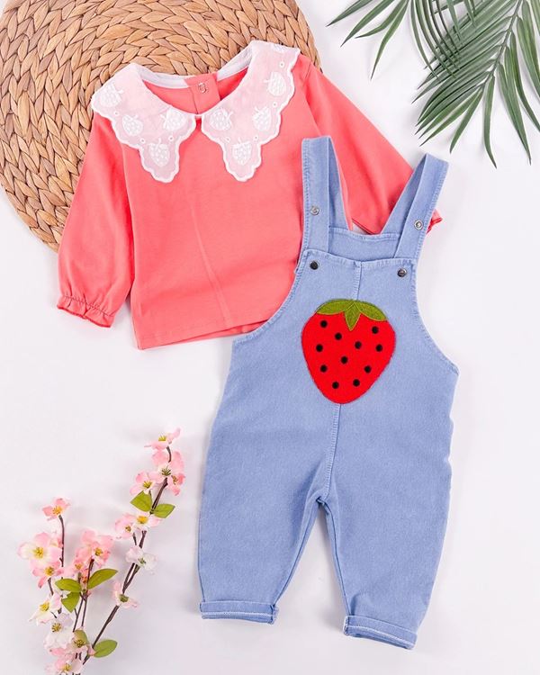 Miniğimin Cicileri Çilek Panç İşleme Güpür Yakalı Kız Bebe Salopetli takım - Nar Çiçeği