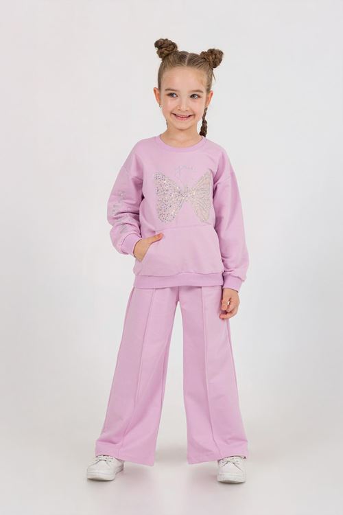 Miniğimin Cicileri Pullu Kelebek Desenli Sweatshirt ve Bol Paça Kız Çocuk Eşofman Takımı - Lila