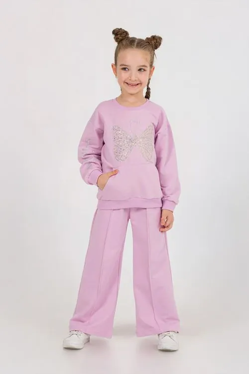 Miniğimin Cicileri Pullu Kelebek Desenli Sweatshirt ve Bol Paça Kız Çocuk Eşofman Takımı - Lila