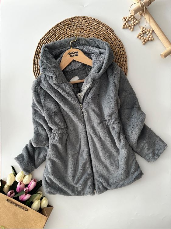 Miniğimin Cicileri Kapüşonlu Peluş Kız Çocuk Mont - Gri