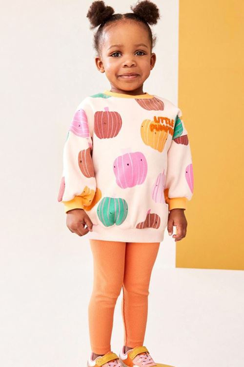 Miniğimin Cicileri Balkabağı Desenli Panç İşlemeli Kız Çocuk Takım - Turuncu