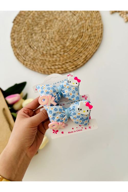 Miniğimin Cicileri Fiyonklu Dolgulu Hello Kty Desenli Kız Çocuk Bağlama Toka Çiftli