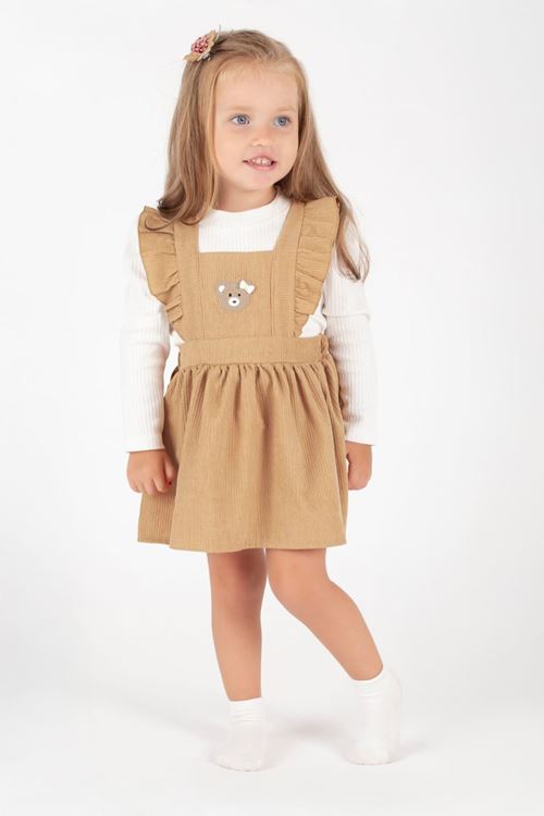 Miniğimin Cicileri Ayıcık Nakış salopet 2 parçalı Elbise - Hardal